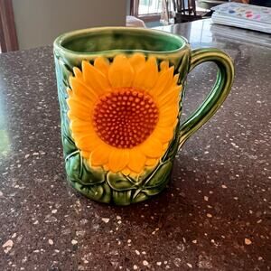 Albert Kessler & Co. Green Leaves with Yellow Sunflower glass Mug Coffee Tea Cup